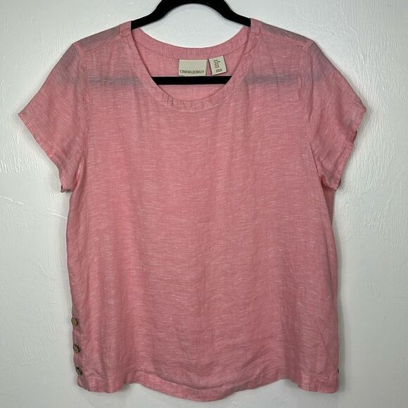 Cynthia Rowley Pink Linen Short Sleeve Side Button Top Size M - Picture 1 of 6